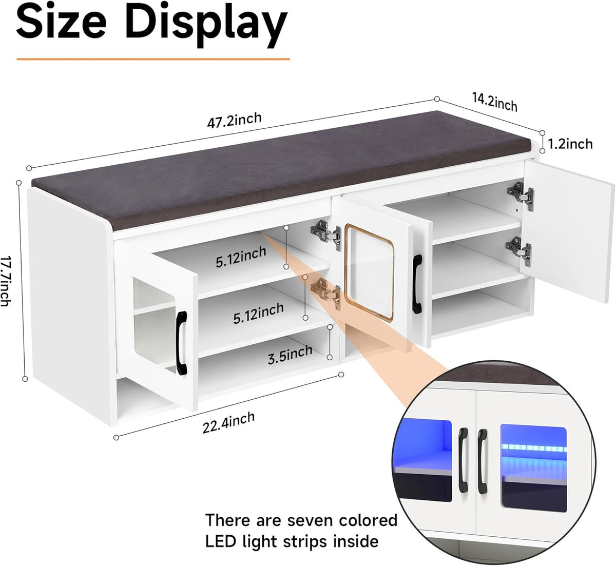 Shoe Bench with Thickened Cushion,Entrance Bench with Glass Door and Ambient Light,Three-Layer Shoe Rack,Color Changing Light Strip, Two Large Storage Spaces,Living Room,Bedroom,White