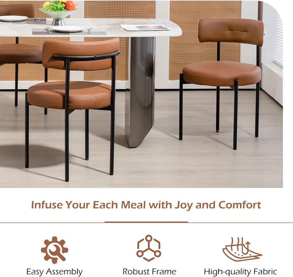 AVAWING Brown Faux Leather Dining Chairs Set of 4, Modern Kitchen Chairs with Black Metal Legs and Curved Backrest, Round Dining Room Chairs for Dining Room and Kitchen