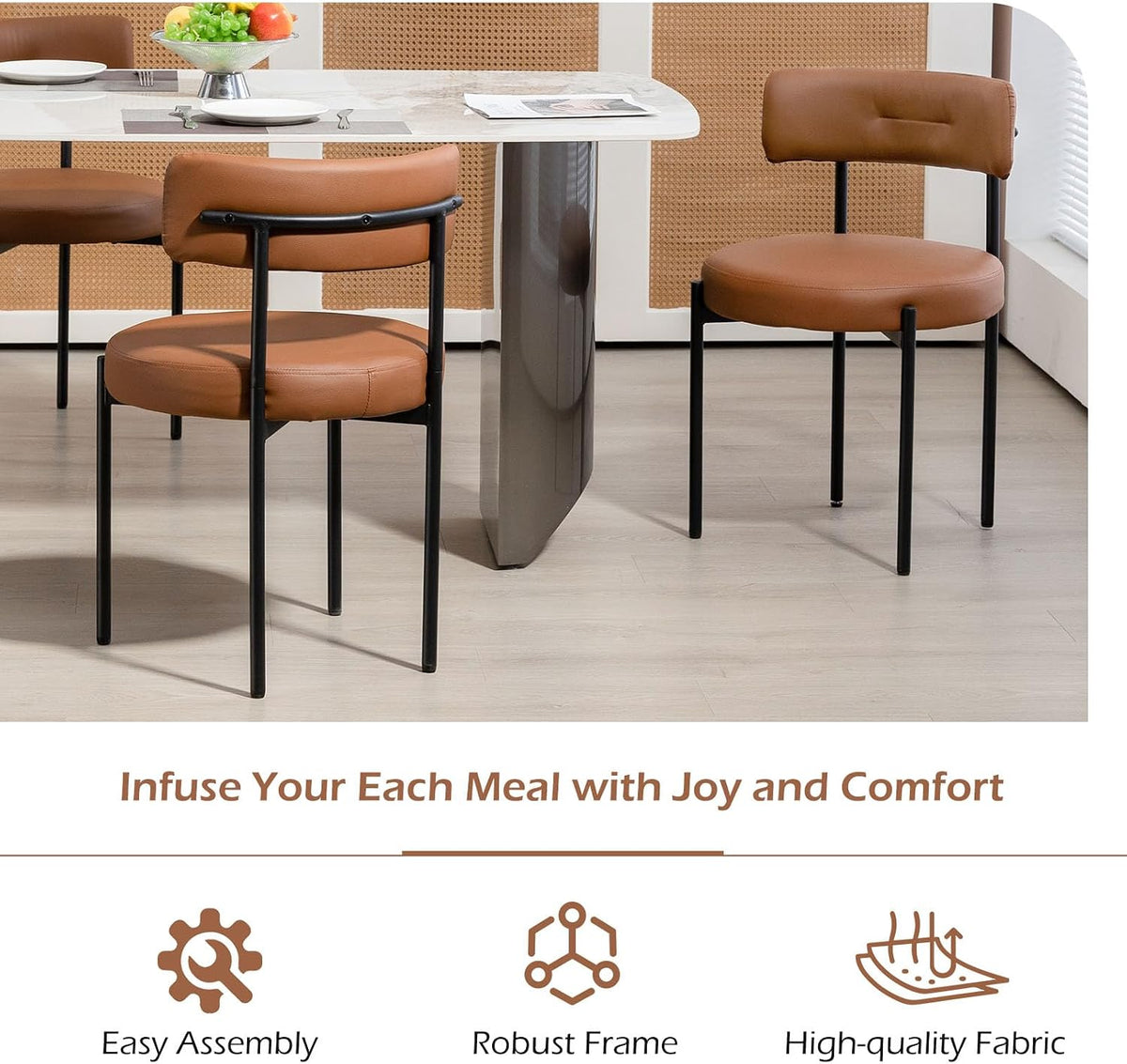 AVAWING Brown Faux Leather Dining Chairs Set of 4, Modern Kitchen Chairs with Black Metal Legs and Curved Backrest, Round Dining Room Chairs for Dining Room and Kitchen