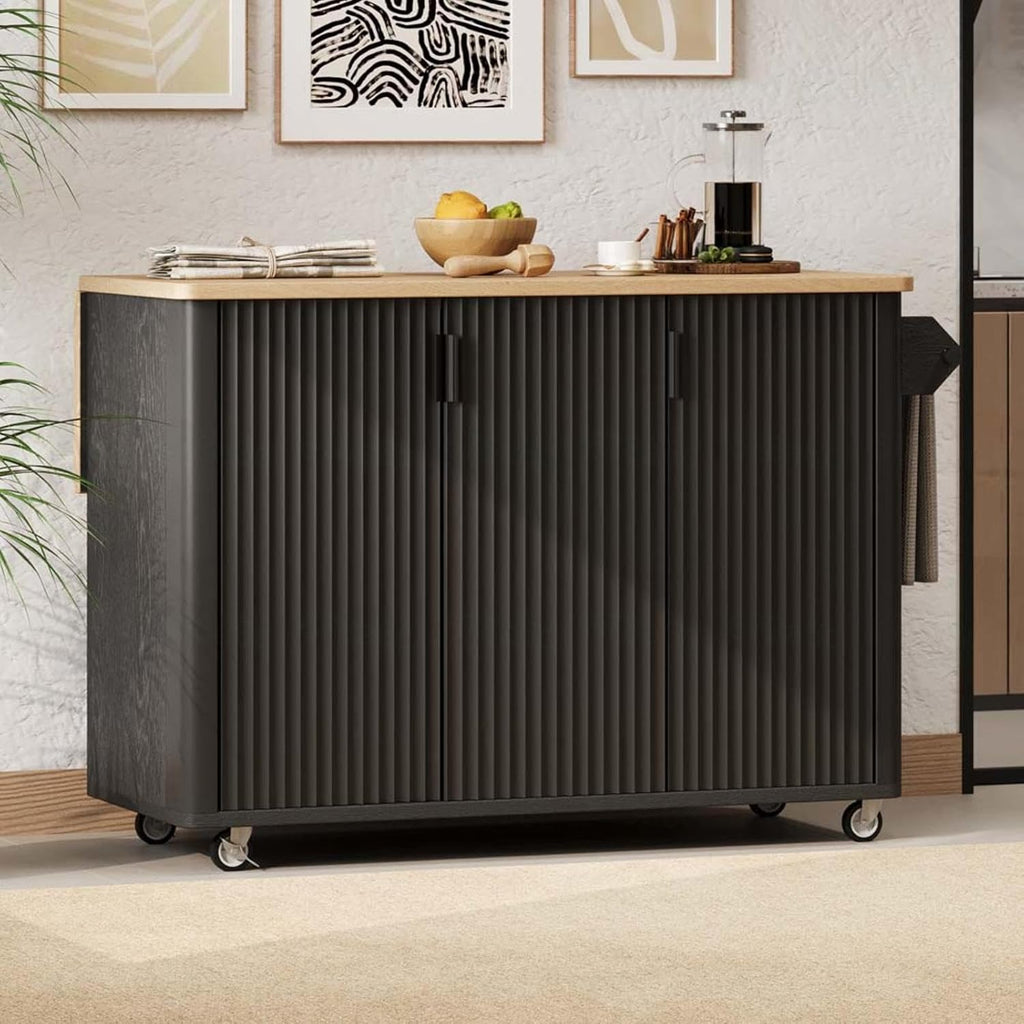 Kitchen Islands with Storage Cabinets with Drop Leaf Height-Adjustable Shelves, Floating Island Kitchen with Wheels Towel Rack， for Kitchen, Dining Room, Black