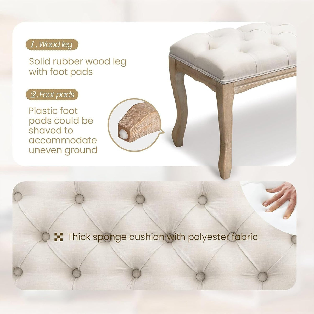 GDFStudio 43.3" French Country Bedroom Bench, Tufted Upholstered End of Bed Bench with Carved Rubber Wood Legs, Vintage Linen Entryway Bench Seat for Living Room, Foyer, Dining Room, Beige