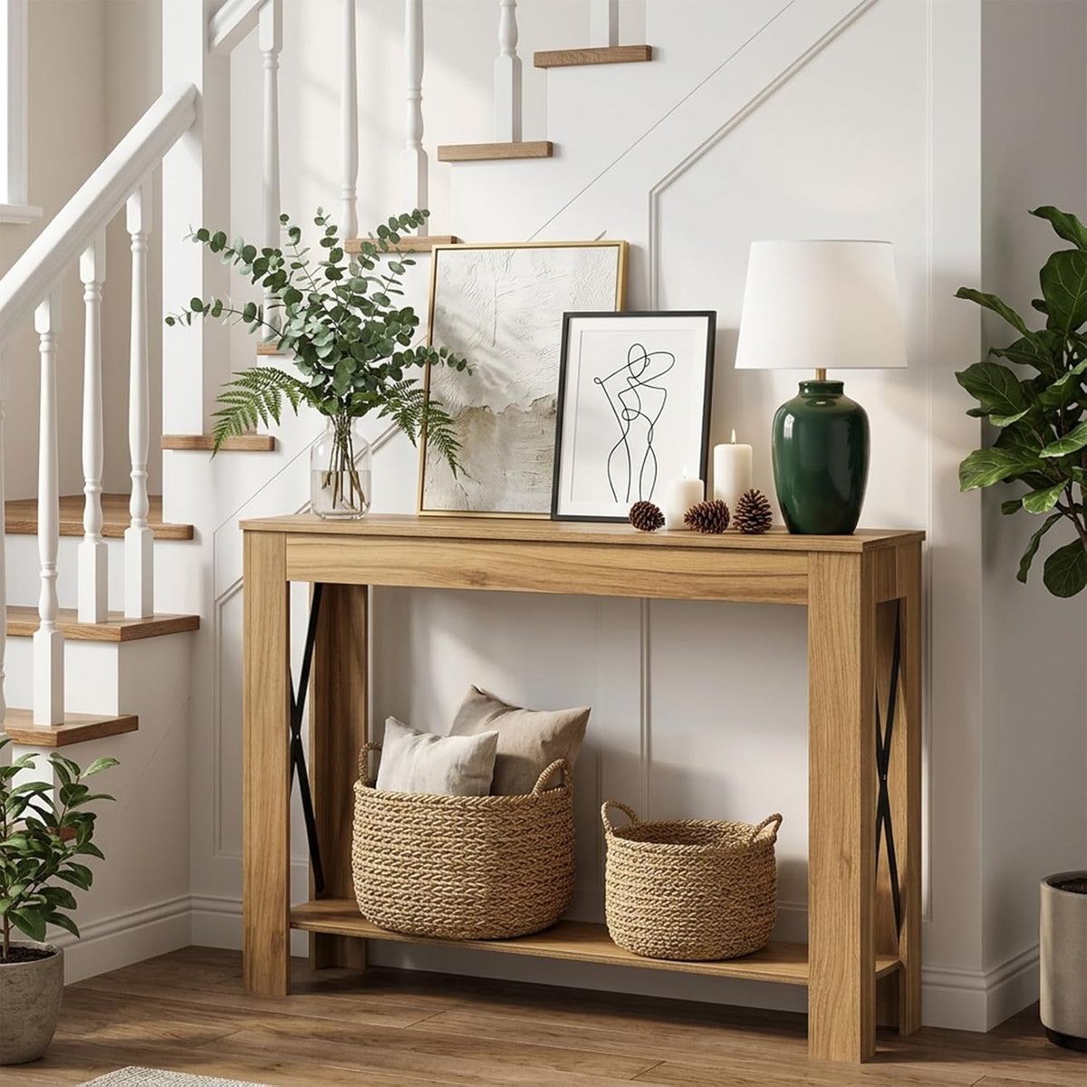 YATINEY Farmhouse Console Table, 39.4'' Small Narrow Entryway Table, Wood Couch Table Behind Sofa with Storage Shelf, Slim Farmhouse Hallway Table for Living Room, Hallway, Foyer, Light Walnut CT34VV
