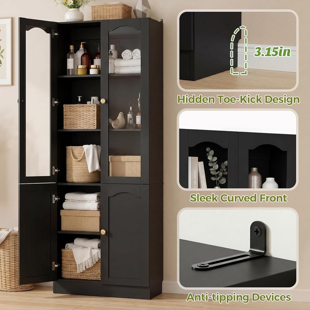 Cyclysio 80" Tall Pantry Cabinet with 8 Doors, Black Kitchen Pantry Storage Cabinet with Built-in Baseboard Notch & Adjustable Shelves – Kitchen Storage Cabinet for Dining, Living Room, Office