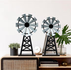 Set of 2 Wooden Farmhouse Windmill Table Top Decor Wood Small Distressed Black Grey Rustic Windmill Themed Table Decor for Kitchen Garden Home