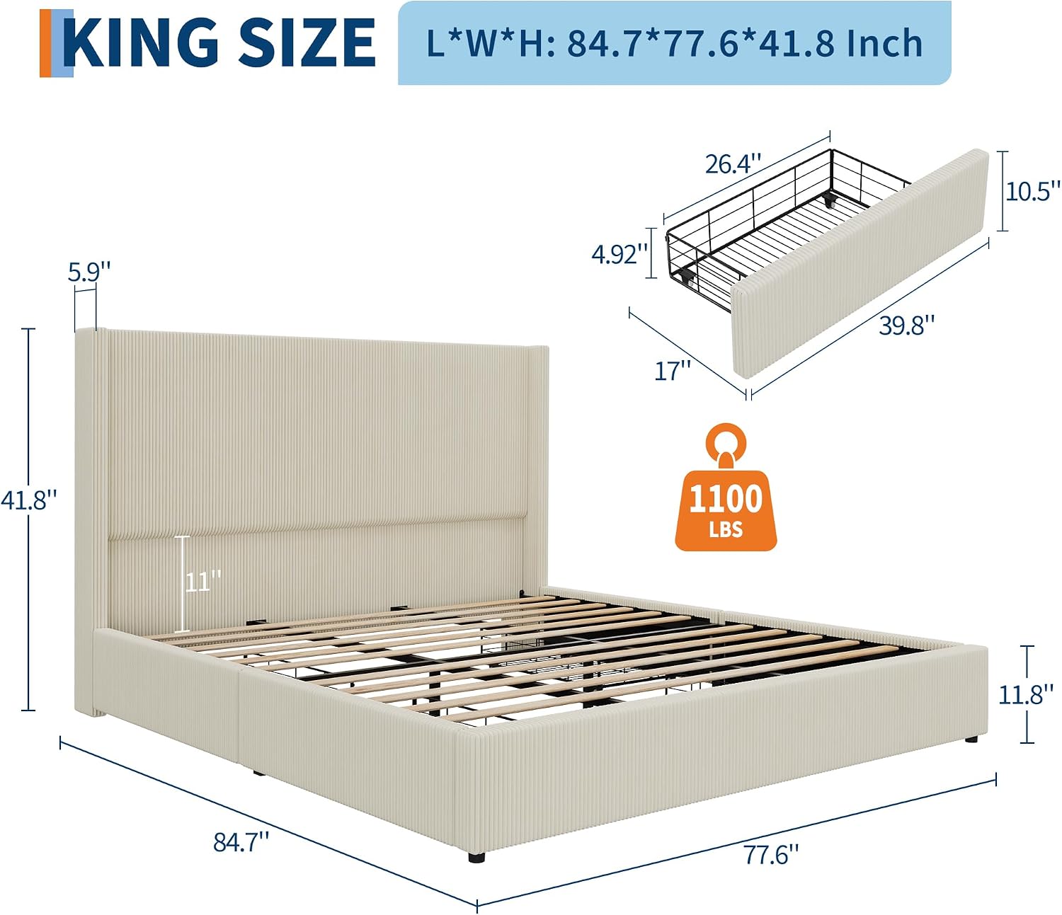 King Bed Frame with 4 Storage Drawers, Corduroy Upholstered Platform Bed