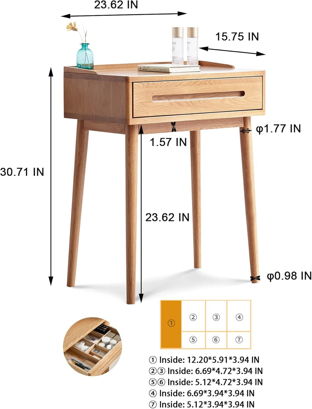 GDFStudio Solid Wood Bistro Dresser Table,Compact Storage Desk with Drawer,Easy Assembly Natural Wood Multi-Functional Table for Small Spaces,23.62" W Oak