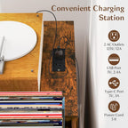 LOKO Record Player Stand with Charging Station, Vinyl Record Holder with Removable Divider, Industrial Turntable Display Stand, Record Storage Table Cabinet for Living Room, Bedroom, Rustic Brown