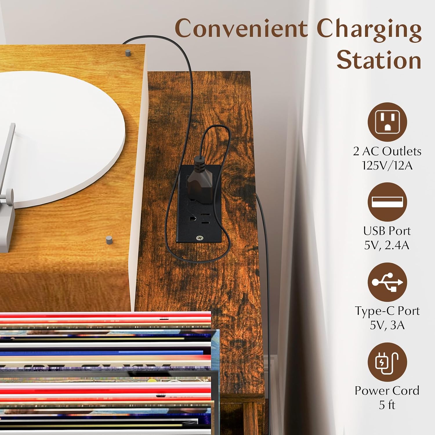 LOKO Record Player Stand with Charging Station, Vinyl Record Holder with Removable Divider, Industrial Turntable Display Stand, Record Storage Table Cabinet for Living Room, Bedroom, Rustic Brown