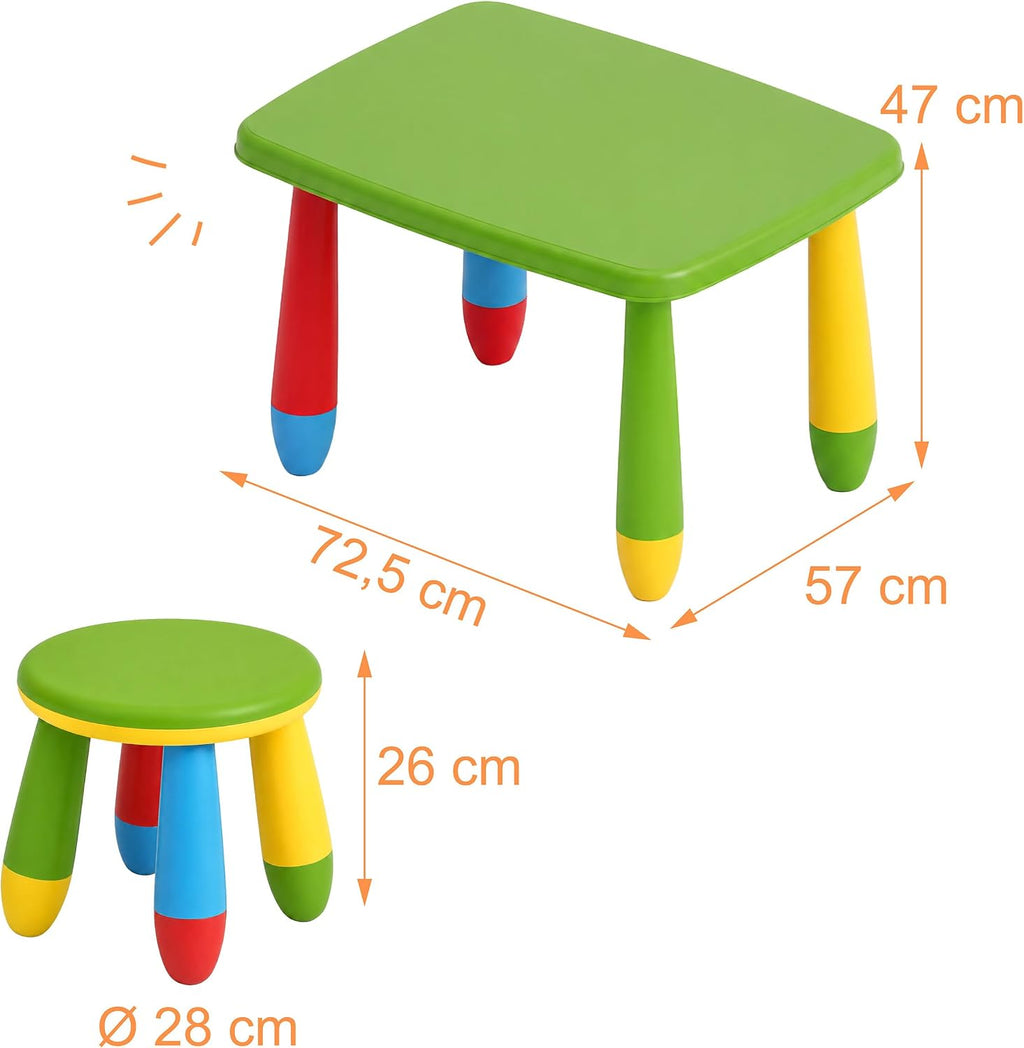 Relaxdays Children's Furniture Set, 1 Children's Table, 2 Stools, Wipe-Clean, Lightweight Plastic, Seating Corner for Children's Room, Colourful