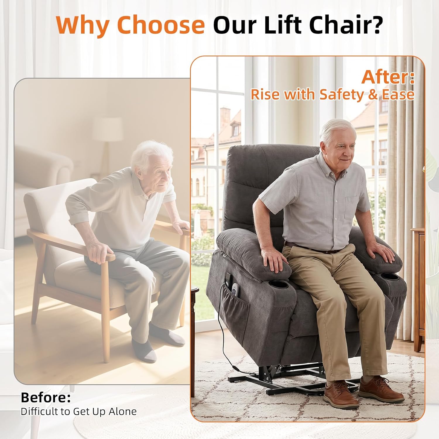 Power Lift Recliner Chair for Elderly,8-Point Vibration Massage & Heat,Electric Lift Chair with Two Cup Holders,4 Side Pockets,Extended Footrest for Living Room