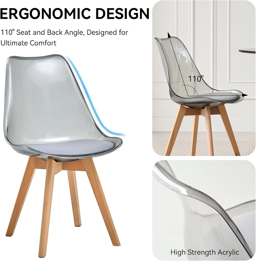 Acrylic Dining Chairs Set of 4, with Soft Cushion, Light Gray | Clear Acrylic Backrest With Soft Padded Seat, Sturdy Wooden Legs. Ideal For Kitchen And Living Room