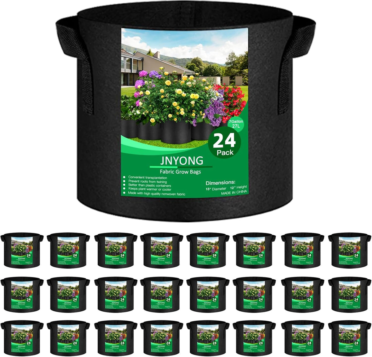 24-Pack 7 Gallon Thickened Non-Woven Grow Bags, Aeration Fabric Pots with Handles