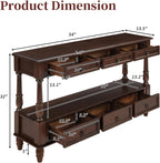 Vintage Solid Wood Console Table with 6 Drawers - 54" Hallway Sofa Table with Bottom Shelf for Entrance, Living Room & Foyer, Espresso