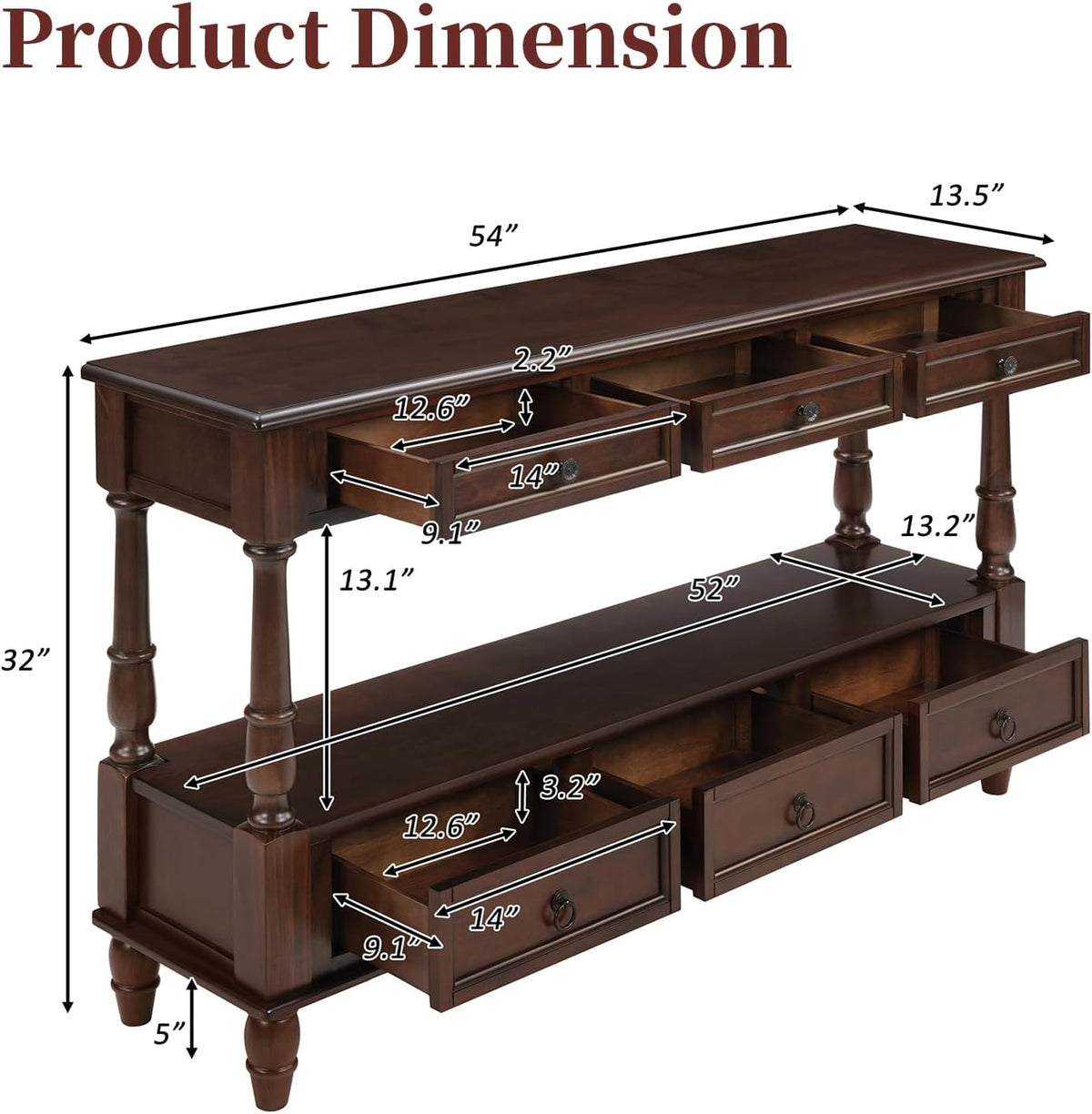 Vintage Solid Wood Console Table with 6 Drawers - 54" Hallway Sofa Table with Bottom Shelf for Entrance, Living Room & Foyer, Espresso