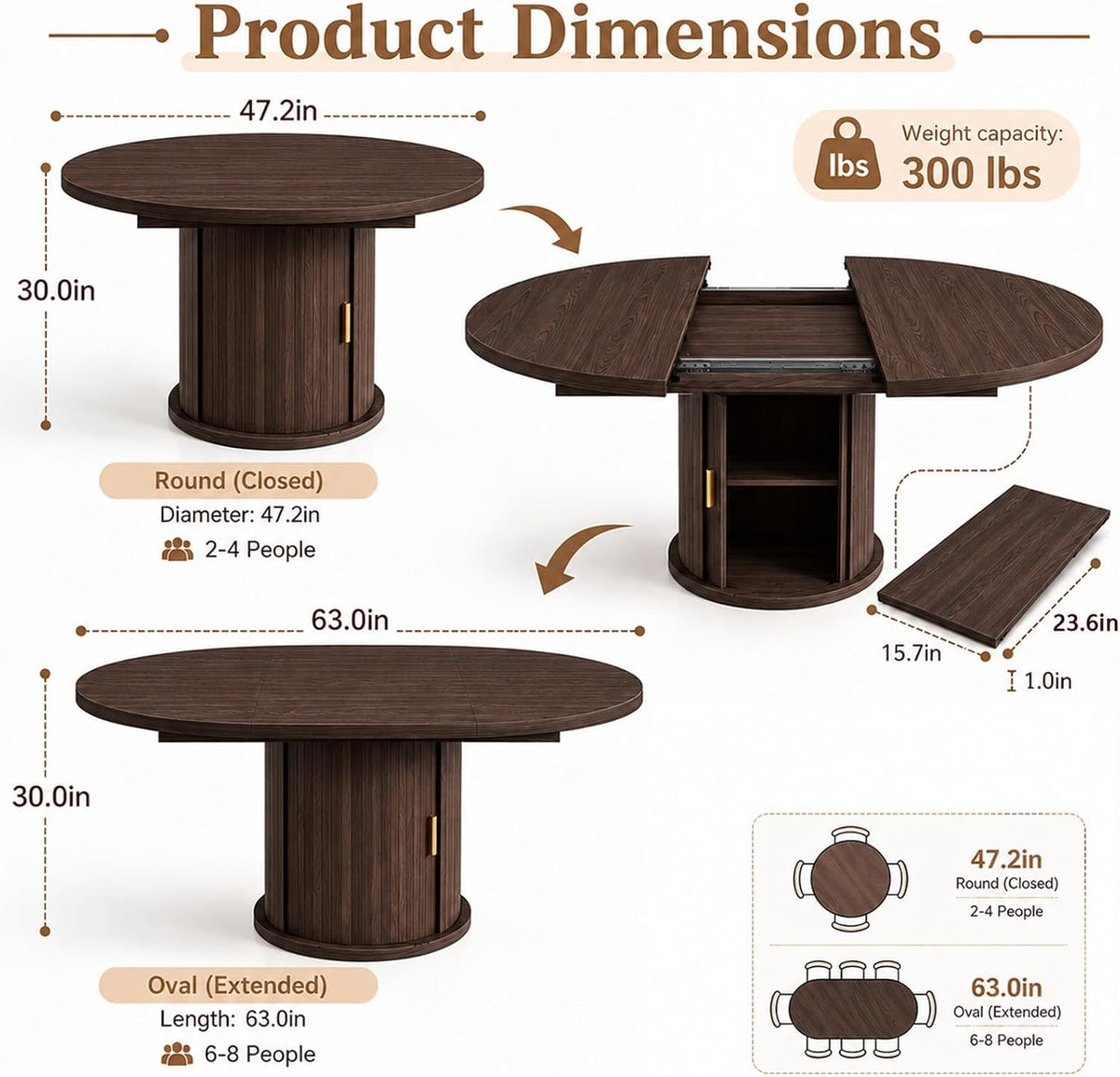 47 63" Extendable Round Wooden Dining Kitchen Table | 4-8 Seat Height Adjustable Shelf,23.6" Dust-Proof Storage Sturdy Pedestal Base,1.2" MDF Tabletop, Apartment,Natural