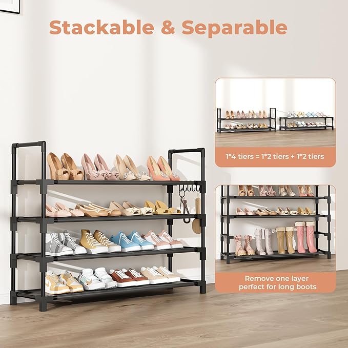 4 Tier Shoe Rack, Shoe Organizer Storage for 16-20 Pair Boot and Sneaker, Stackable Free Standing Shoe Shelf with Hooks and Side Pocket, Space Saving Shoes Rack for Closet, Entryway