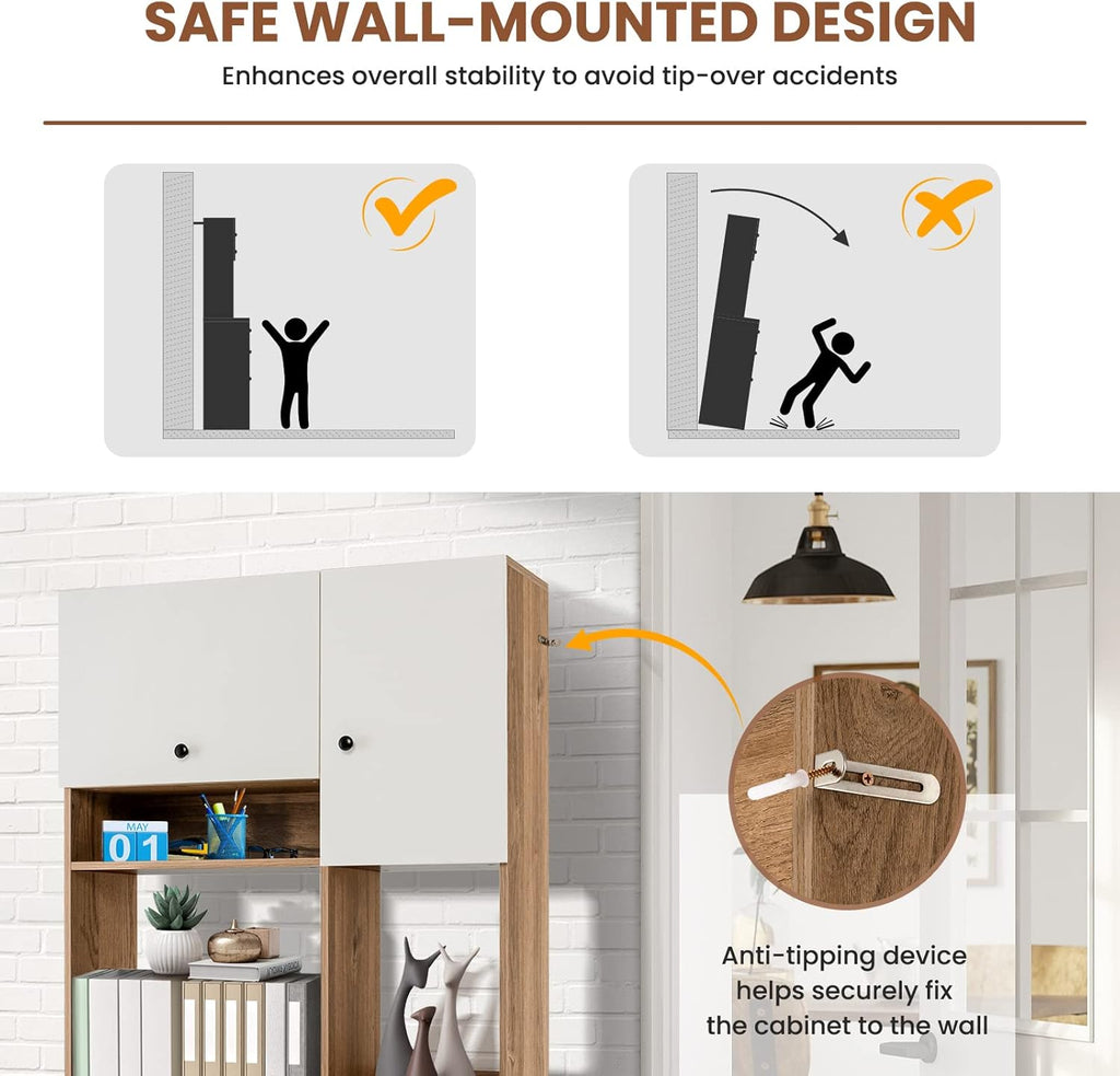 LOKO 71” Tall Kitchen Pantry Storage Cabinet, Freestanding Buffet Hutch with Doors, Adjustable Shelves, 3 Drawers and Microwave Stand, Kitchen Hutch for Dining Room, Living Room (White & Natural)