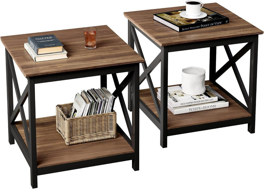 ChooChoo End Tables Set of 2, 24 Inch End Table with 2-Tier Storage Shelf, Side Table for Living Room, Wood Nightstand for Bedroom, Office, Painted Surface, Walnut