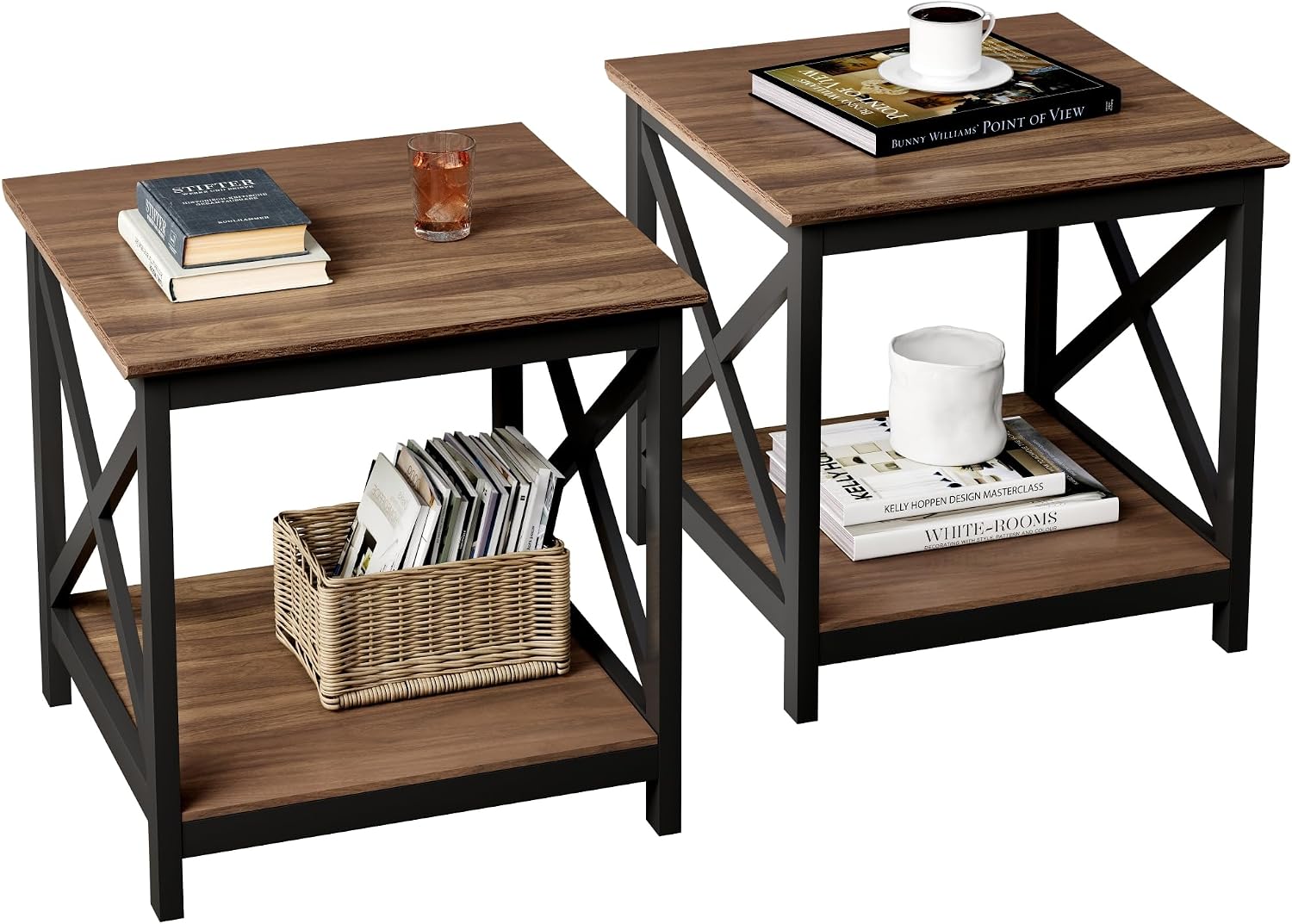 ChooChoo End Tables Set of 2, 24 Inch End Table with 2-Tier Storage Shelf, Side Table for Living Room, Wood Nightstand for Bedroom, Office, Painted Surface, Walnut