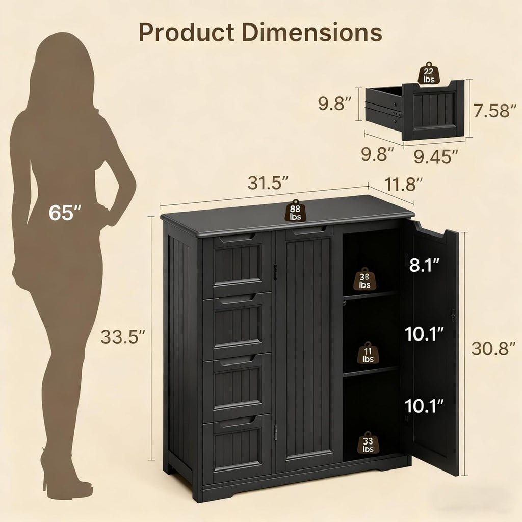 Gizoon Wooden Bathroom Floor Cabinet, Side Storage Organizer Cabinet with 4 Drawers & Double Doors, Freestanding Entryway Storage Unit Console Table, Bathroom Living Room Dining Kitchen, Black