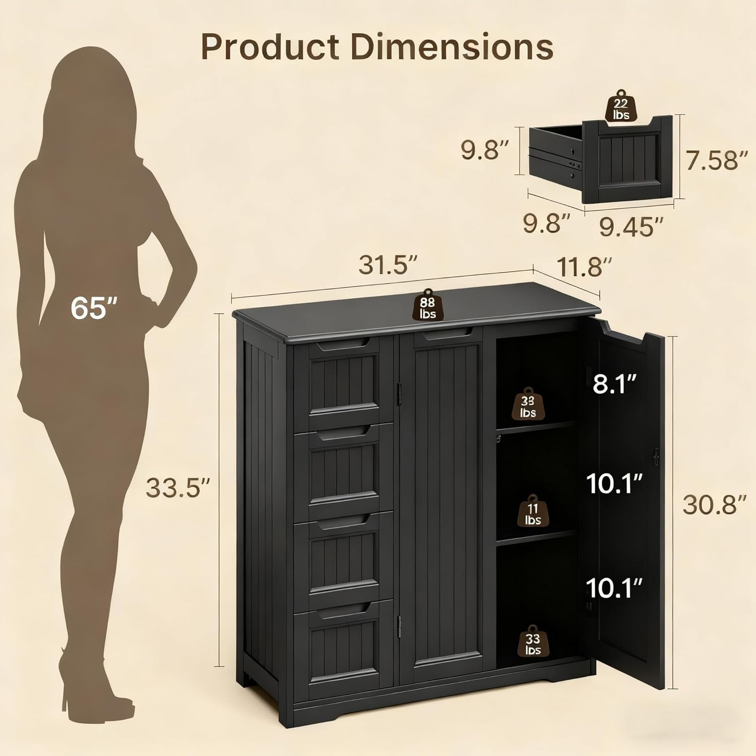 Gizoon Wooden Bathroom Floor Cabinet, Side Storage Organizer Cabinet with 4 Drawers & Double Doors, Freestanding Entryway Storage Unit Console Table, Bathroom Living Room Dining Kitchen, Black