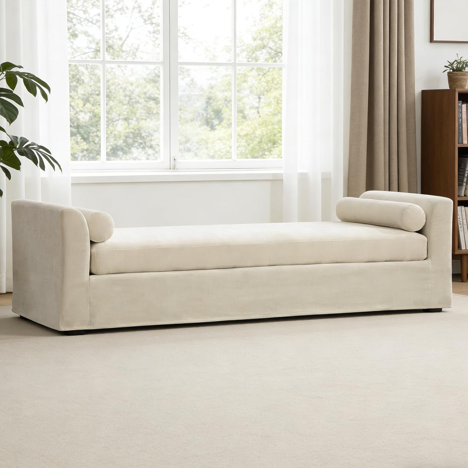 Chifee & Vingol 88.6" W Oversized Chaise Lounge Upholstered Bedroom Benches Extra-Long Indoor Bench Entryway Bench with Removable Pillows for Living Room Hallway,Beige
