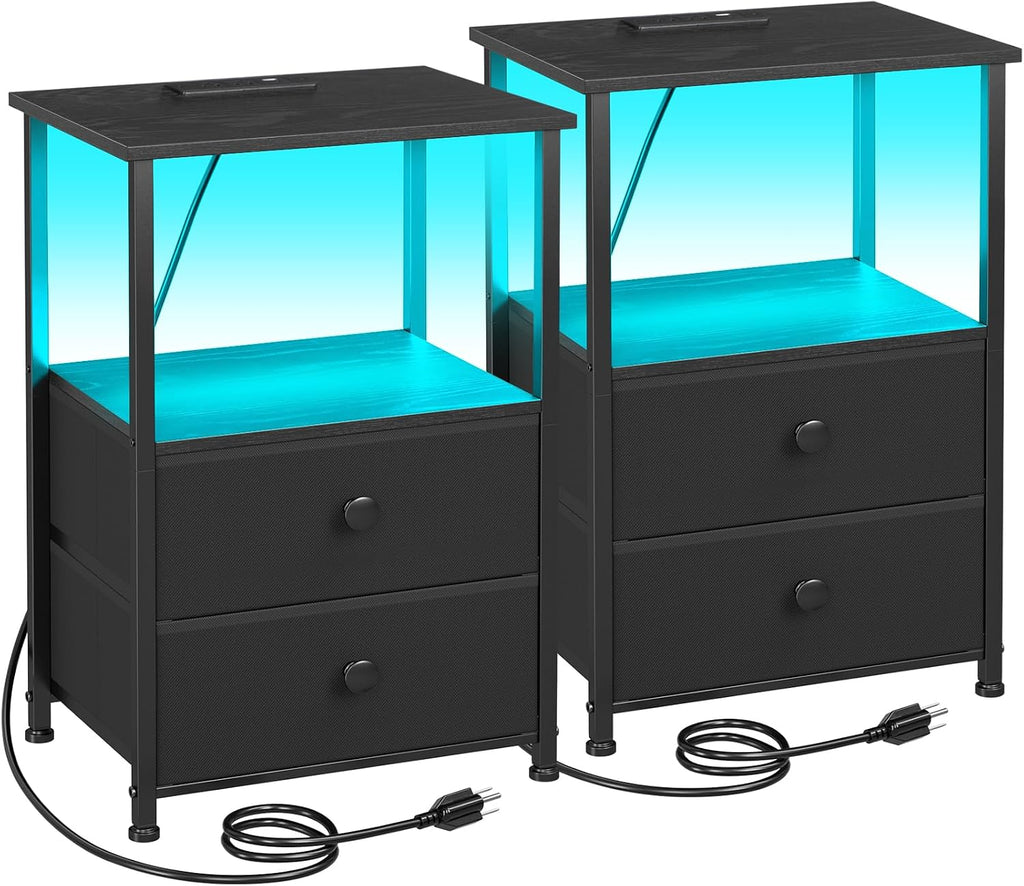 LOAKEKEL Nightstands Set of 2, LED Night Stand with Charging Station | Bedside Table with Type-C Outlets & 2 Fabric Drawers, End Tables with Storage Shelf for Bedroom, Small Spaces, Black