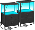LOAKEKEL Nightstands Set of 2, LED Night Stand with Charging Station | Bedside Table with Type-C Outlets & 2 Fabric Drawers, End Tables with Storage Shelf for Bedroom, Small Spaces, Black