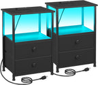 LOAKEKEL Nightstands Set of 2, LED Night Stand with Charging Station | Bedside Table with Type-C Outlets & 2 Fabric Drawers, End Tables with Storage Shelf for Bedroom, Small Spaces, Black