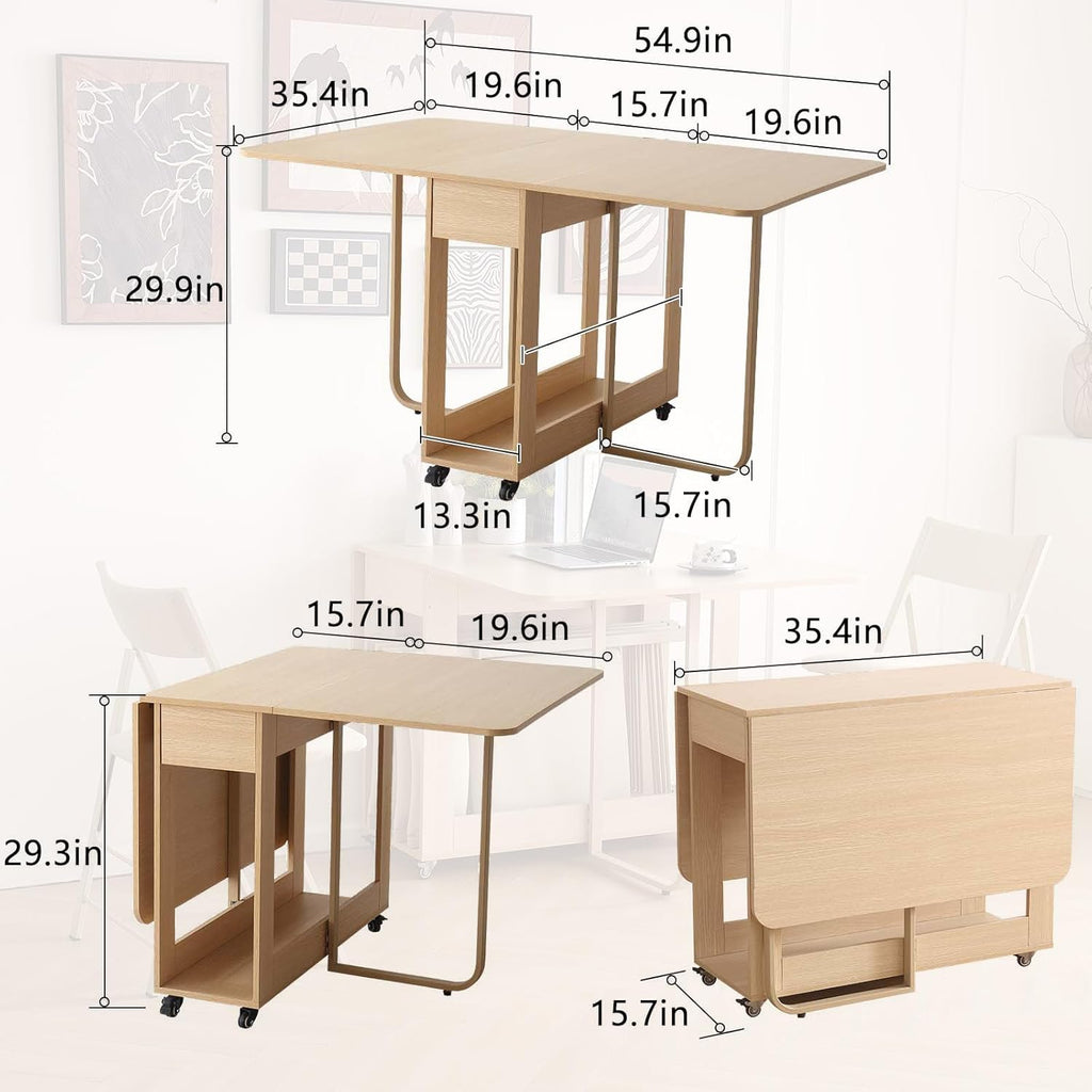 Folding Dining Room Table for 4/6 with 35.4" Extra Wide Space Saving Drop Leaf Table with Lockable Wheels & Storage, Heavy Duty Eco Solid Wood Top 300lb, Convertible Desk for Apartments/RV/Home Office