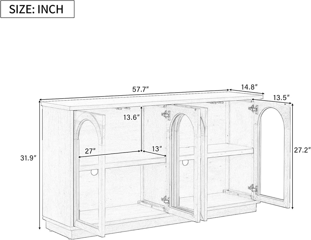 SOFTSEA Farmhouse 58" Sideboard with Adjustable Shelves, Glass Arch Buffet Cabinet for Kitchen and Living Room, Old Pine