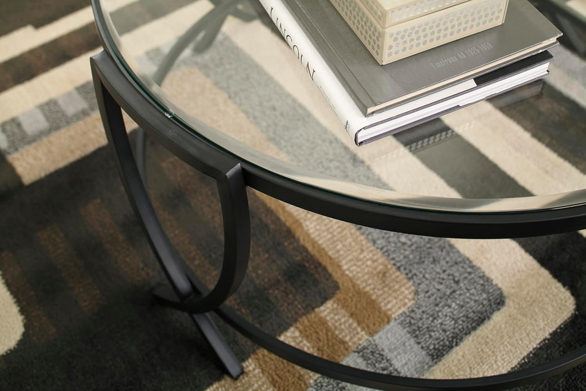 GTU Furniture Contemporary Glass Round 3-Piece Coffee Table Set, Cocktail Table with 2 Matching End Tables, Black Finish for Living Room