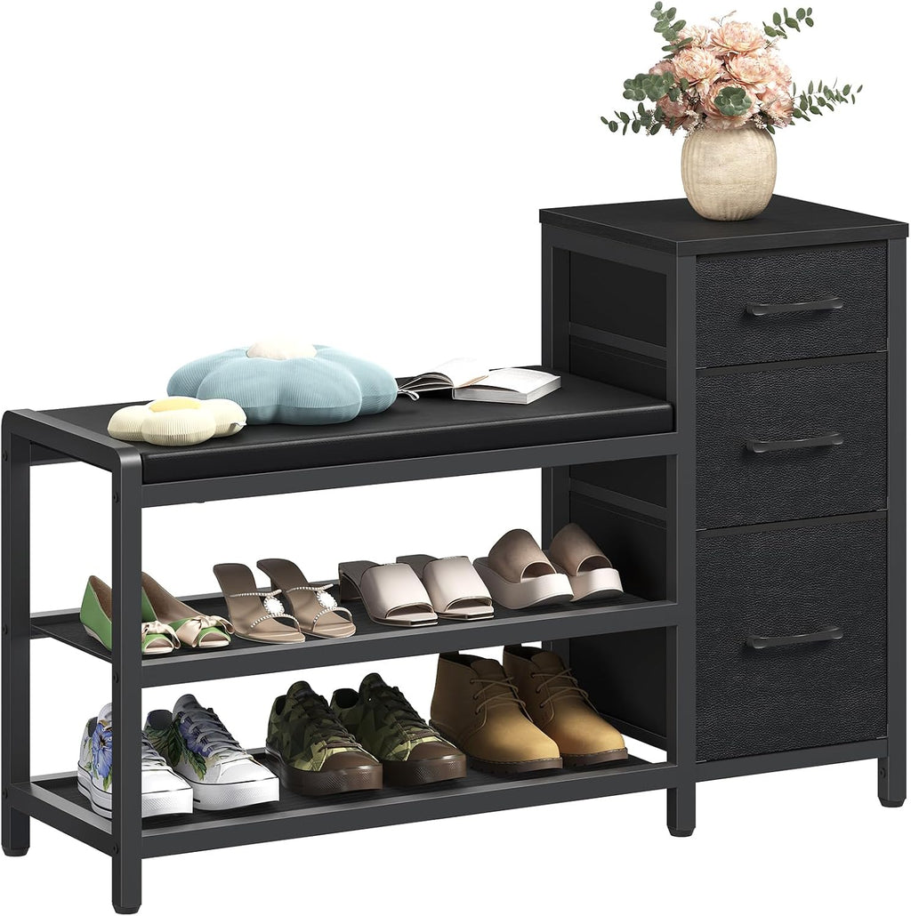 YATINEY Entryway Bench with Shoe Storage, 3-Tier Shoe Rack Bench with Wooden Shelves and 3 Non-Woven Drawers, PU Padded Shoe Storage Bench for Entryway, Bedroom, Black HX07BB