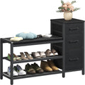 YATINEY Entryway Bench with Shoe Storage, 3-Tier Shoe Rack Bench with Wooden Shelves and 3 Non-Woven Drawers, PU Padded Shoe Storage Bench for Entryway, Bedroom, Black HX07BB