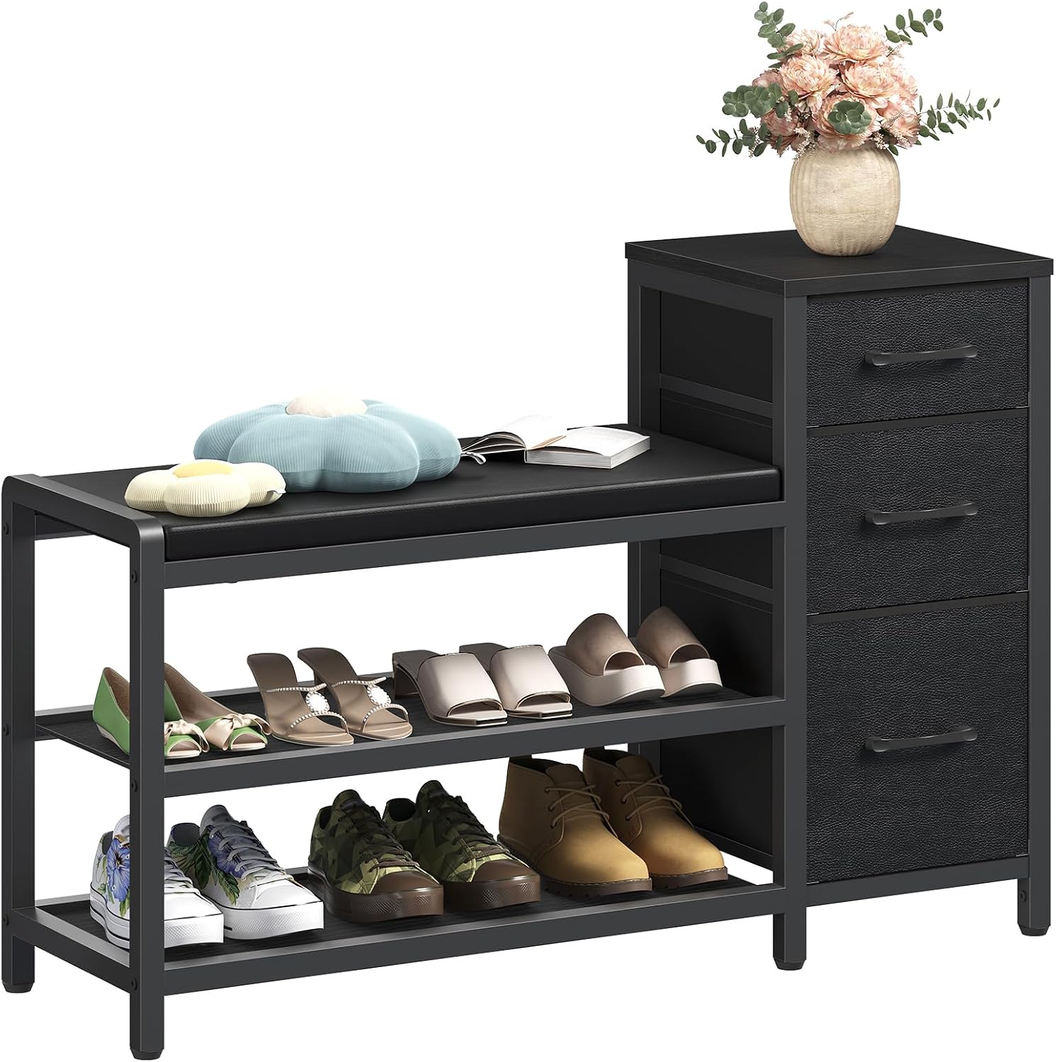 YATINEY Entryway Bench with Shoe Storage, 3-Tier Shoe Rack Bench with Wooden Shelves and 3 Non-Woven Drawers, PU Padded Shoe Storage Bench for Entryway, Bedroom, Black HX07BB