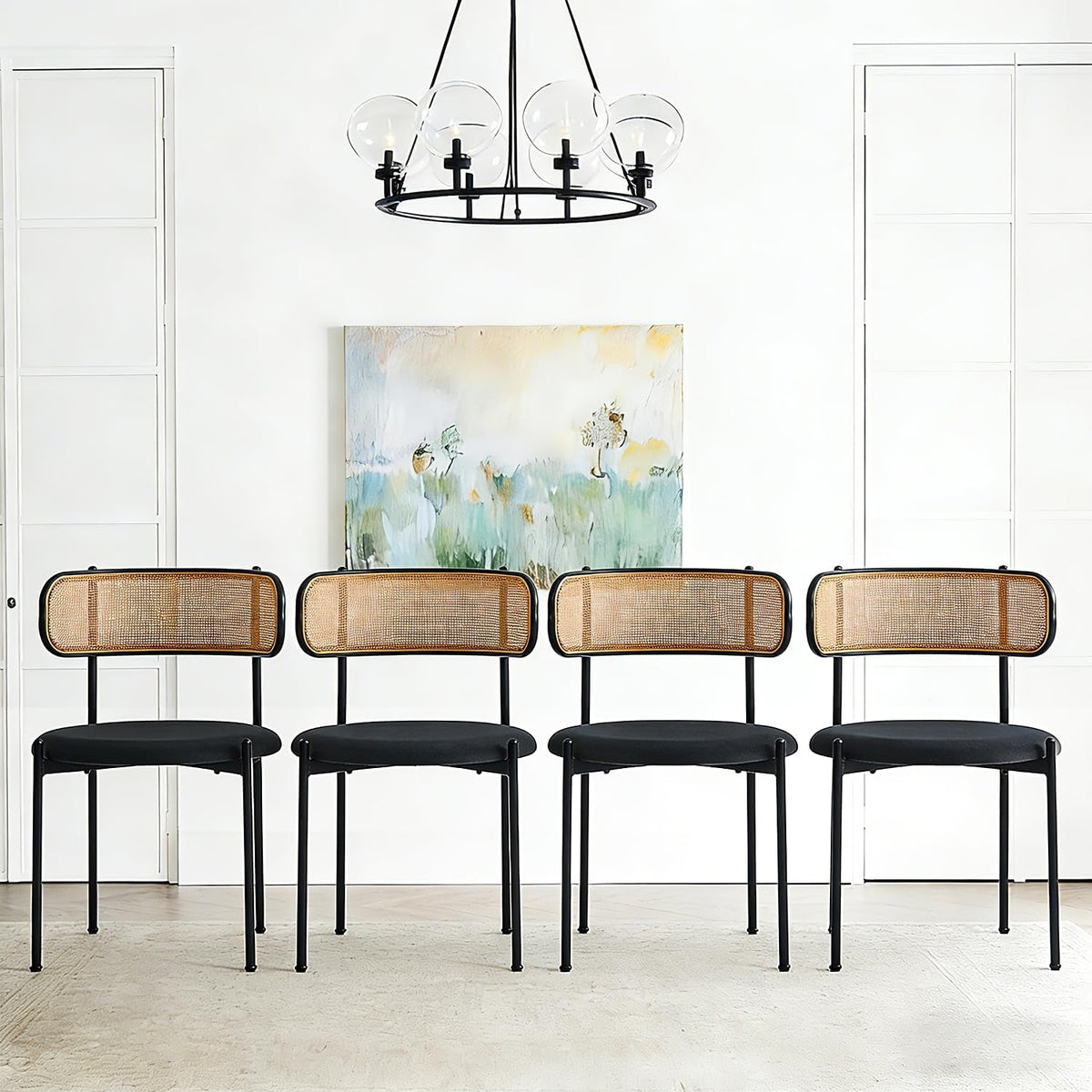 Rattan Dining Chairs Set of 4, Mid-Century Modern Chair with Boucle, Kitchen Dining Room Chairs for Living Room with Metal Legs, Round Upholstered Sherpa