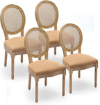 French Country Dining Chairs Set of 4,Upholstered Chairs with Rattan Round Back,Solid Wood Legs,for Living Room,Kitchen,Restaurant,Light Brown