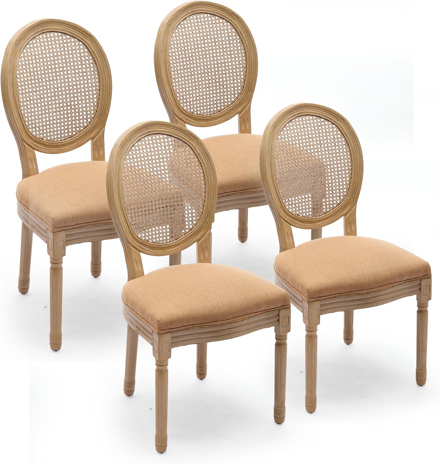 French Country Dining Chairs Set of 4,Upholstered Chairs with Rattan Round Back,Solid Wood Legs,for Living Room,Kitchen,Restaurant,Light Brown
