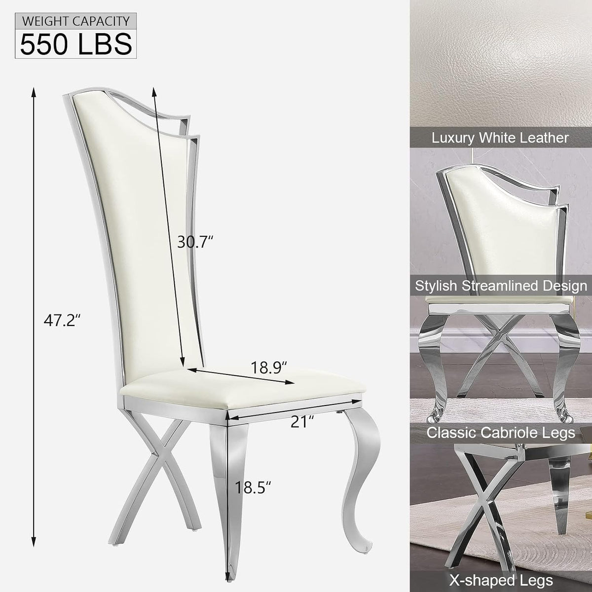 ACEDÉCOR Dining Chairs, White Faux Leather Dining Chairs Set of 6, Gorgeous Streamlined High Back Chair with Silver Mirror Curved and X-Shaped Stainless Steel Legs