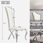 Asday Dining Chairs Set of 6, White Faux Leather and Silver Streamlined High Back Dining Room Chairs with Curved and X Stainless Steel Legs