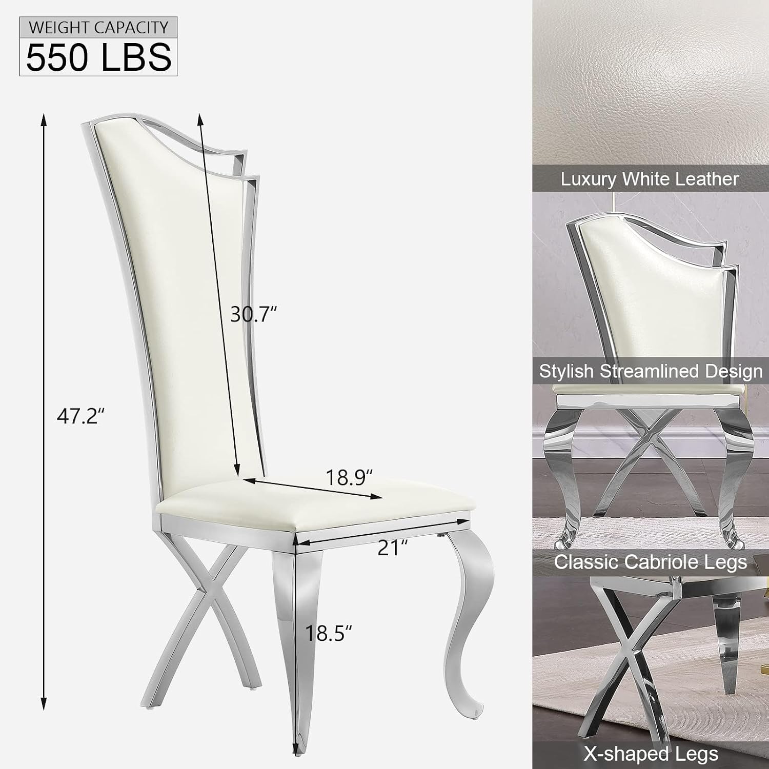 Asday Dining Chairs Set of 6, White Faux Leather and Silver Streamlined High Back Dining Room Chairs with Curved and X Stainless Steel Legs
