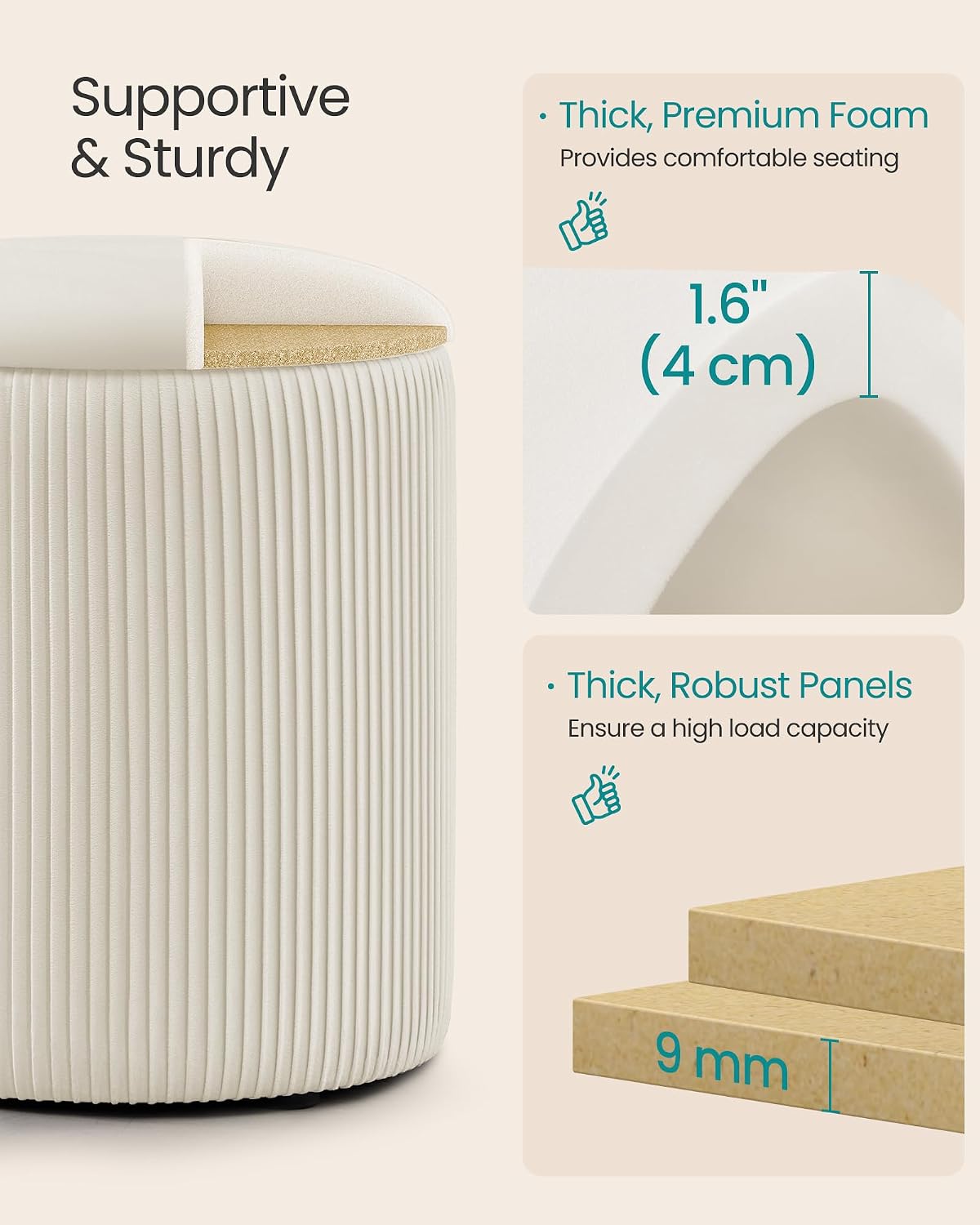 SONGMICS Vanity Stool, Set of 2, Round Storage Ottoman, Velvet | Small Coffee Table, Removable Lid, Easy Assembly, for Living Room, Bedroom, Cream White, ISLAND Collection ULOM017WD01
