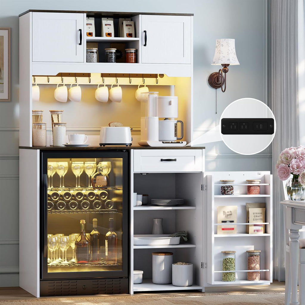 73'' White Pantry Cabinet with Fridge Space - Farmhouse Kitchen Pantry Storage Cabinet with Outlet & Led Light, Tall Pantry Cabinet with Hooks & Shelf Guardrail, Kitchen Hutches with Microwave Stand