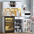 73'' White Pantry Cabinet with Fridge Space - Farmhouse Kitchen Pantry Storage Cabinet with Outlet & Led Light, Tall Pantry Cabinet with Hooks & Shelf Guardrail, Kitchen Hutches with Microwave Stand