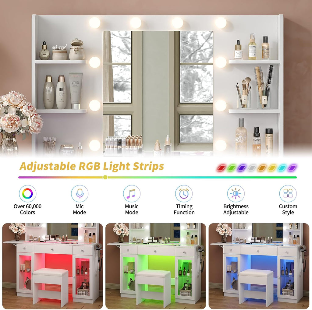 Yanosaku Makeup Vanity Desk with Mirror and Lights, RGB Lighted Vanity Desk with Power Outlet, 3 Drawers & 2 Large Tempered Cabinets, Fold-up Panel, Glass Top Vanity with Chair for Bedroom, White