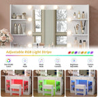 Yanosaku Makeup Vanity Desk with Mirror and Lights, RGB Lighted Vanity Desk with Power Outlet, 3 Drawers & 2 Large Tempered Cabinets, Fold-up Panel, Glass Top Vanity with Chair for Bedroom, White