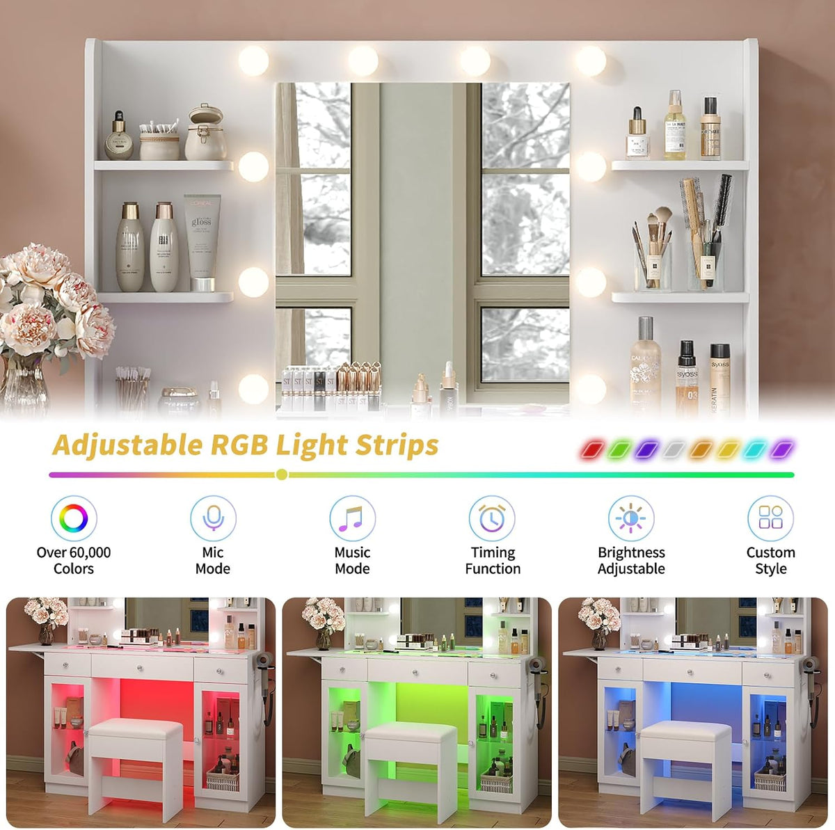 Yanosaku Makeup Vanity Desk with Mirror and Lights, RGB Lighted Vanity Desk with Power Outlet, 3 Drawers & 2 Large Tempered Cabinets, Fold-up Panel, Glass Top Vanity with Chair for Bedroom, White