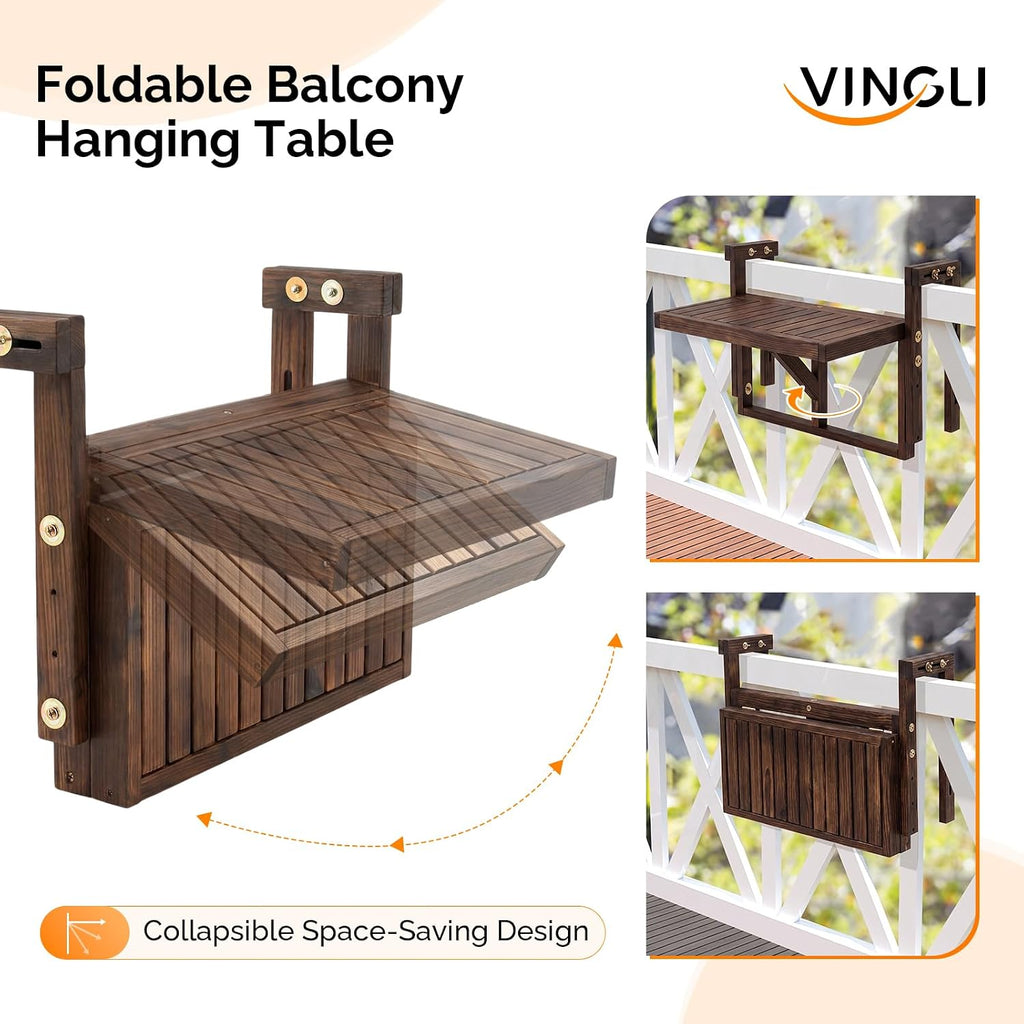VINGLI 22in Acacia Wood Folding Balcony Hanging Table – Adjustable Height & Width, Balcony Railing Table Ideal for Different Railing Widths, Perfect for Balcony, Patio, Rectangular,Carbonized Color