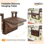 VINGLI 22in Acacia Wood Folding Balcony Hanging Table – Adjustable Height & Width, Balcony Railing Table Ideal for Different Railing Widths, Perfect for Balcony, Patio, Rectangular,Carbonized Color