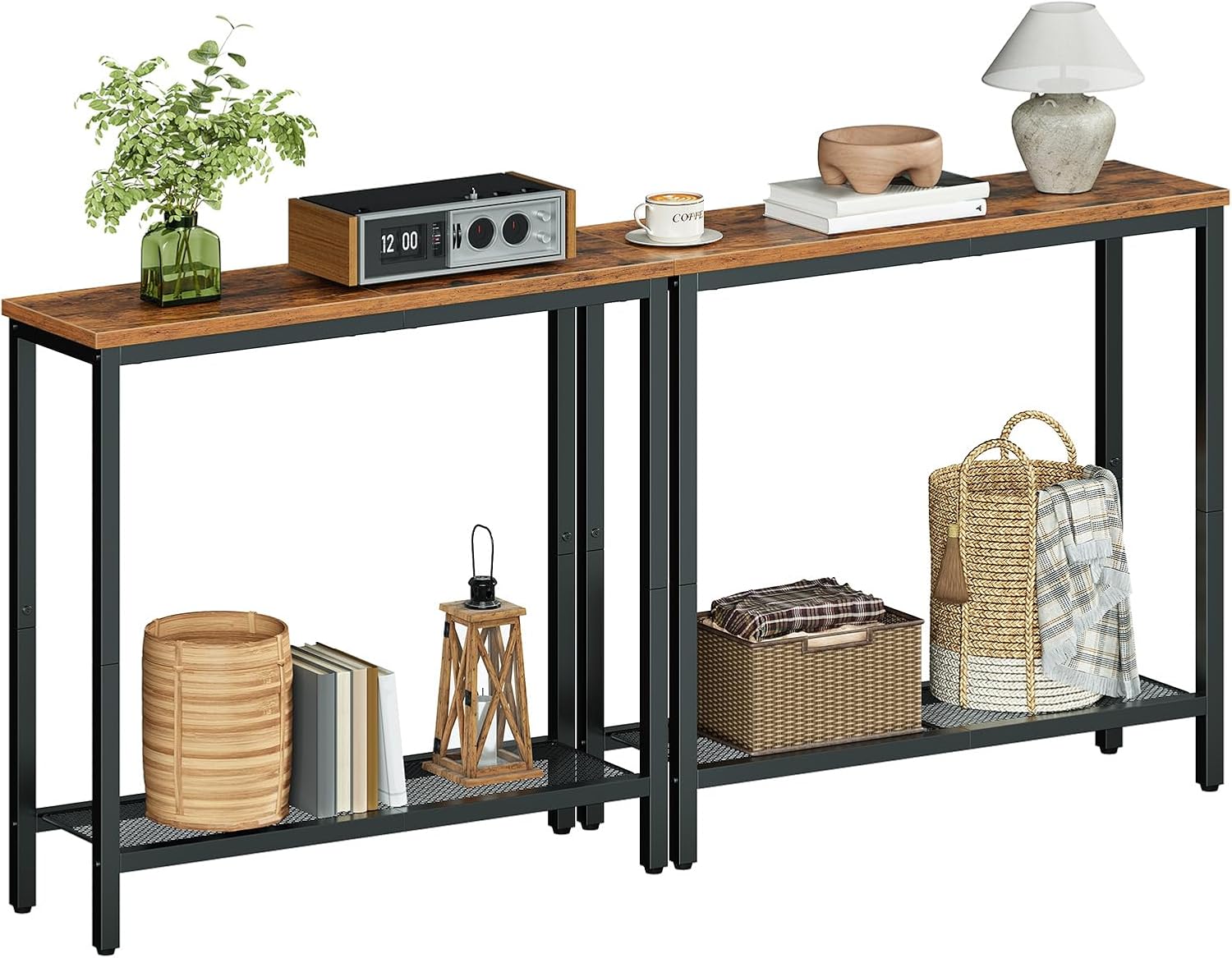 HOOBRO 29.5" Narrow Console Table, Set of 2, Small Entryway Table with Shelf, 2 Tier Thin Sofa Table, Behind Couch Table, Side Table, for Hallway, Living Room, Rustic Brown and Black BF74XGP201